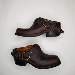 Frye Harness Mules Brown Leather Square Toe Clog Shoes Wmn's Size 5.5